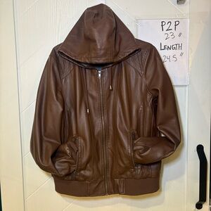 Warehouse One Faux Leather Brown Hooded Bomber Jacket Moto XL/XXL Plus Size